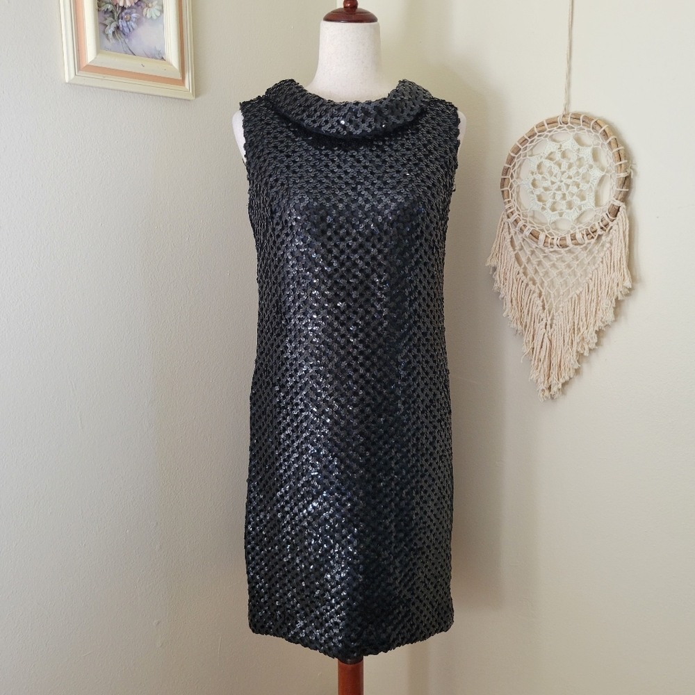 60s Vintage Mod Collared Sequined Net Shift Dress